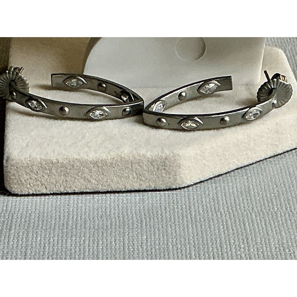 Freida Rothman 925 Sterling Silver Oxidized Marquise CZ Hoop Earrings Signed - Picture 5 of 5